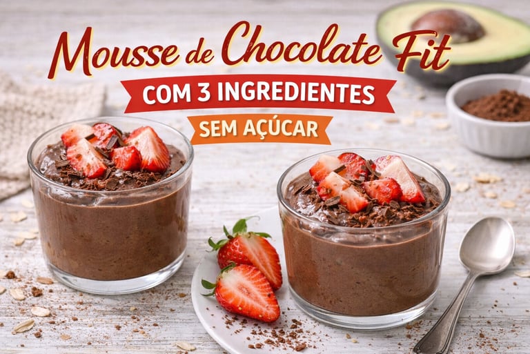 Mousse de chocolate fit com 3 ingredientes e sem açúcar, com morangos