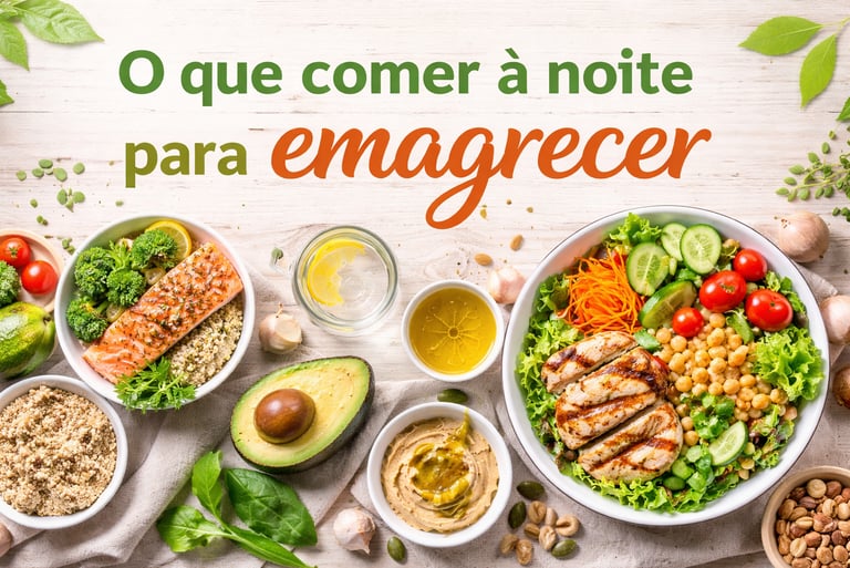 Imagem de capa com alimentos saudáveis para jantar e o texto “O que comer à noite para emagrecer”.