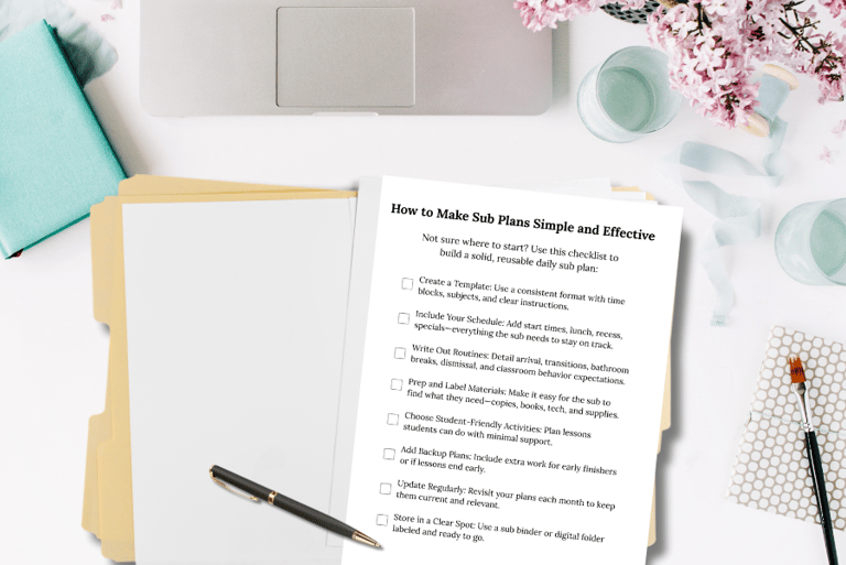 A teacher's desk with a folder open to a checklist for making sub plans easy