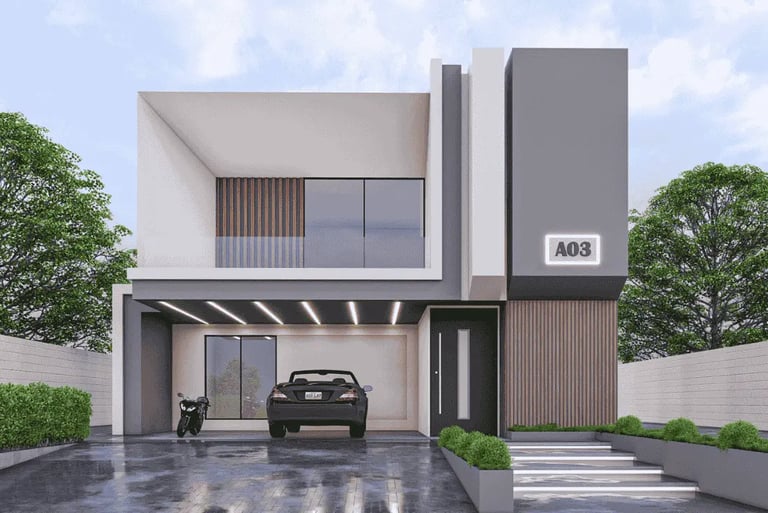 Nice Tower - a modern house with a car parked in front of it