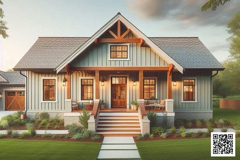 modern farmhouse, green vertical siding, wood door, black windows, garage, gray, stone, brick