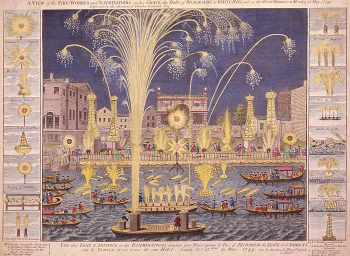 A fireworks display over the River Thames, London, 1749.