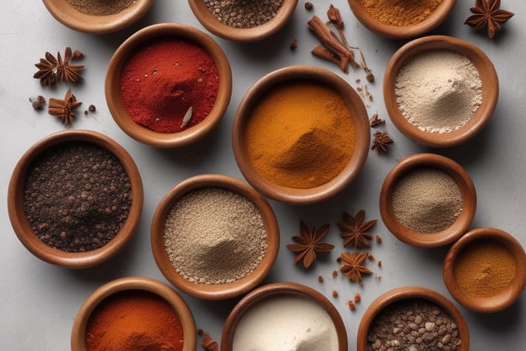 a variety of spices and spices in wooden bowls