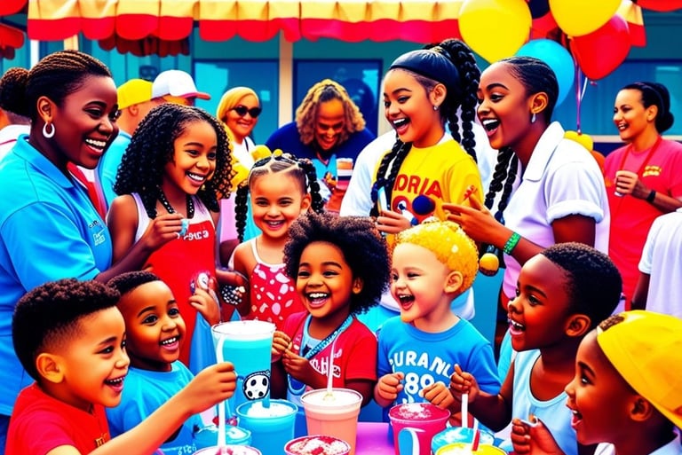 a group of children and adults at an outdoor party enjoying slushies