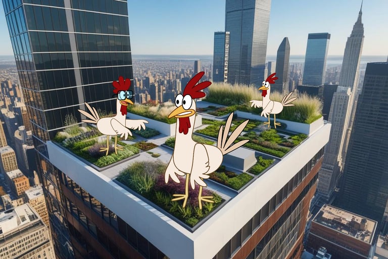Image: chickens on a roof