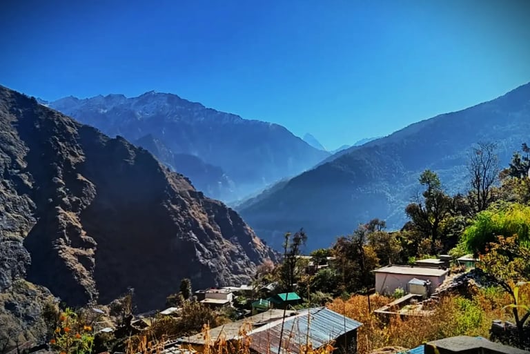 Mountain village with scattered houses