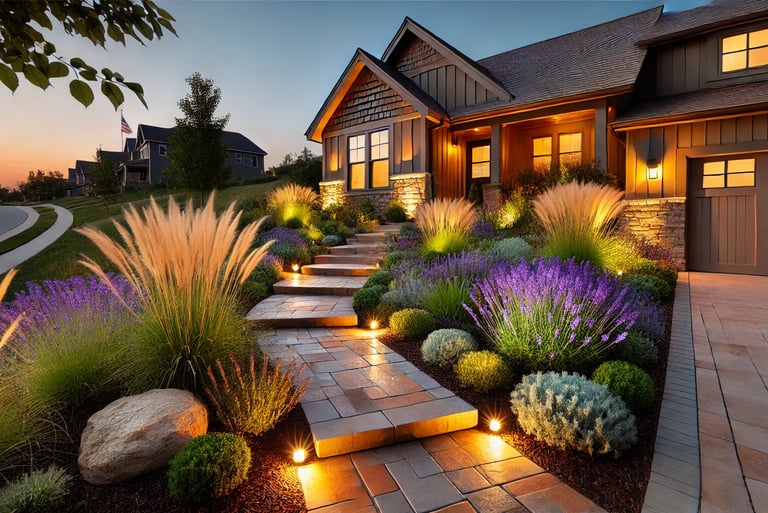 Beautiful native landscaping with decorative stone pathway, designed to complement a Kansas City hom