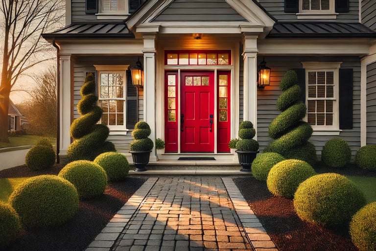 Inviting front entrance with a bold red door and cobblestone walkway, enhanced by Aztec Construction