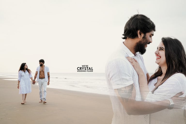 Bride and groom walking on the beach in white dress for a save the date photoshoot in Kerala