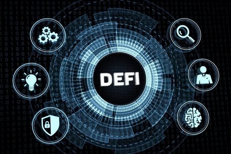 Illustration representing decentralized finance (DeFi) solutions, blockchain investing, and digital