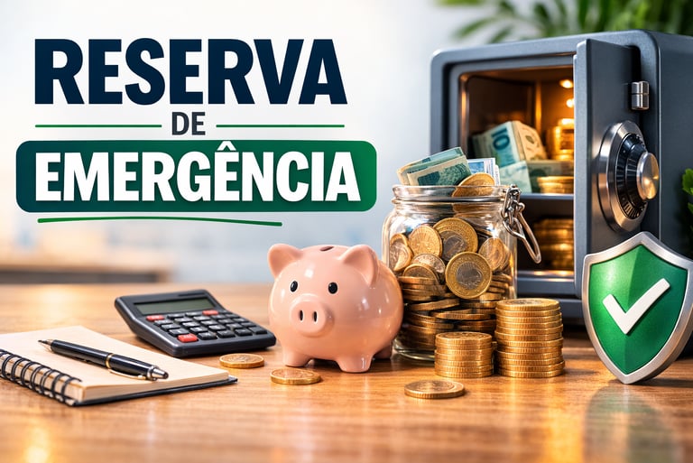 Reserva de emergência com cofre, porquinho, moedas e calculadora para planejamento financeiro.