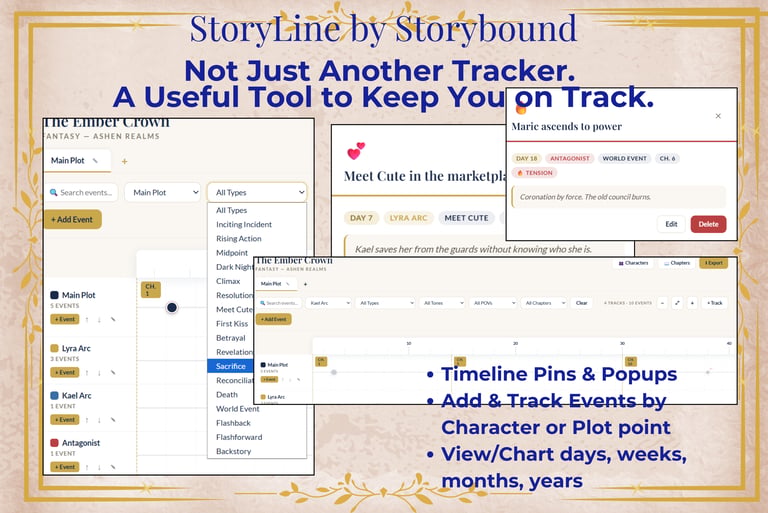 StoryLine by Storybound novel writing tool featuring an interactive plot timeline and story event tracker.