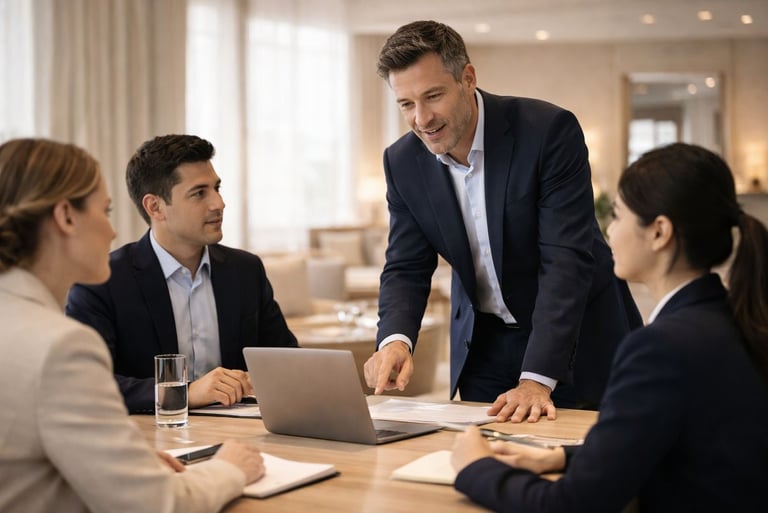hospitality consultant leading a strategy meeting with hotel management team