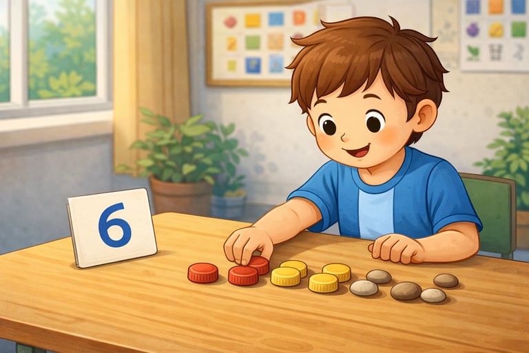 niño con NEE con actividad de conteo de tapitas