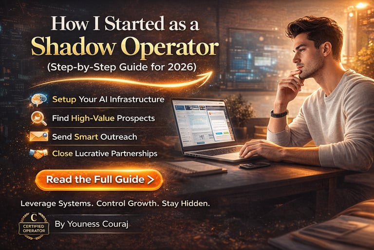 Step-by-step guide for a shadow operator showing AI infrastructure setup and high-value prospect outreach.