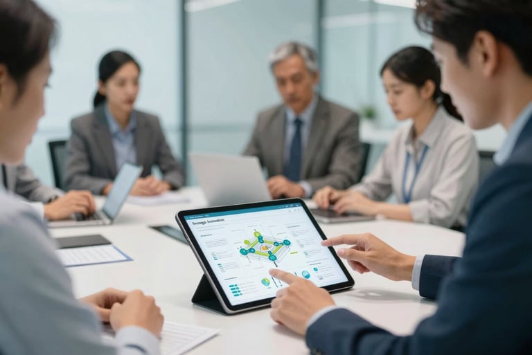 Strategic innovation. A modern boardroom setting where experts are reviewing energy infrastructure blueprints and digital data on a large tablet. Soft, professional lighting. The scene uses a palette of #2C5D6C and #F7FBFD, projecting a trustworthy and forward-thinking consulting environment.