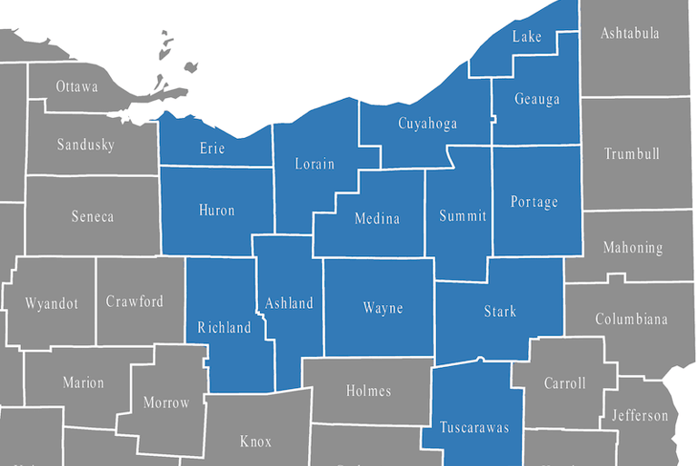 Graphic of Ohio Counties that are part of Northeast Ohio
