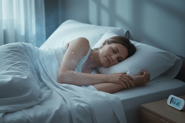 A woman sleeping soundly in a comfortable bed with glowing particles representing deep sleep quality.