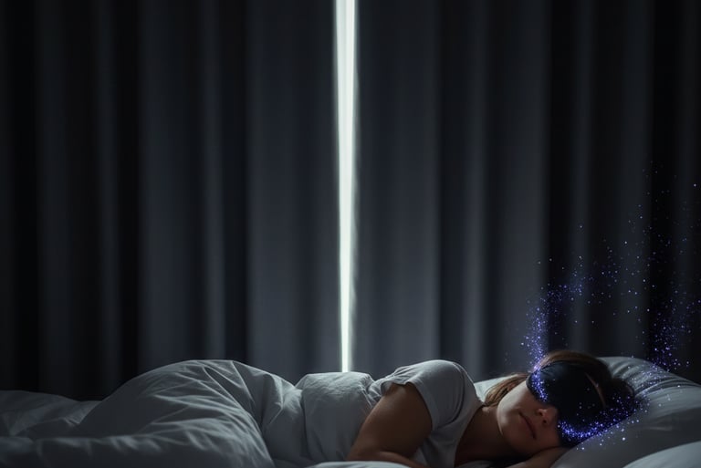 Woman sleeping in bed wearing a galaxy sleep mask with magical blue sparkles in a dark bedroom.