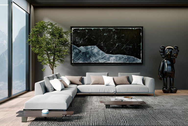 Moody modern living room with gray sectional, black striped rug, dark walls, faux olive tree