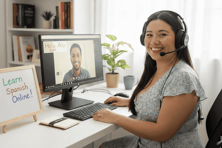 Online Spanish Tutor giving an 1 on 1 session in her office while the student is on the computer