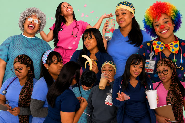 Behind the scenes of nursing comedy cast representing healthcare culture, patient care, workplace challenges, and humor.