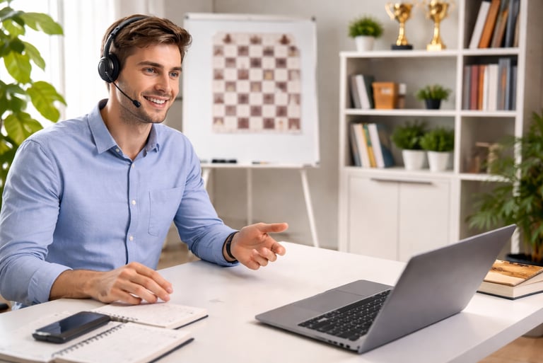 Online chess coach teaching a structured training session