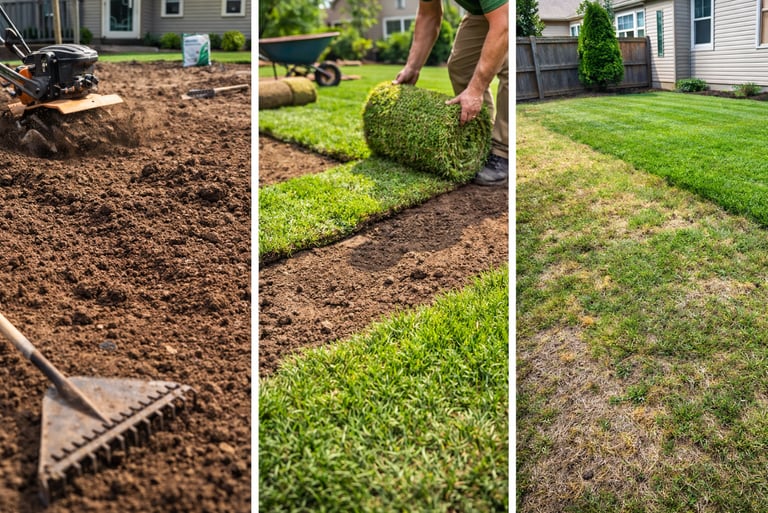 Professional sod installation transforming a damaged lawn into a healthy green yard in Garner NC.