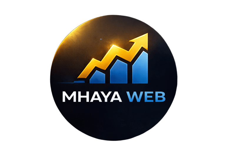 Logotipo de Mhaya Web que muestra un gráfico de barras azules ascendentes con una flecha dorada