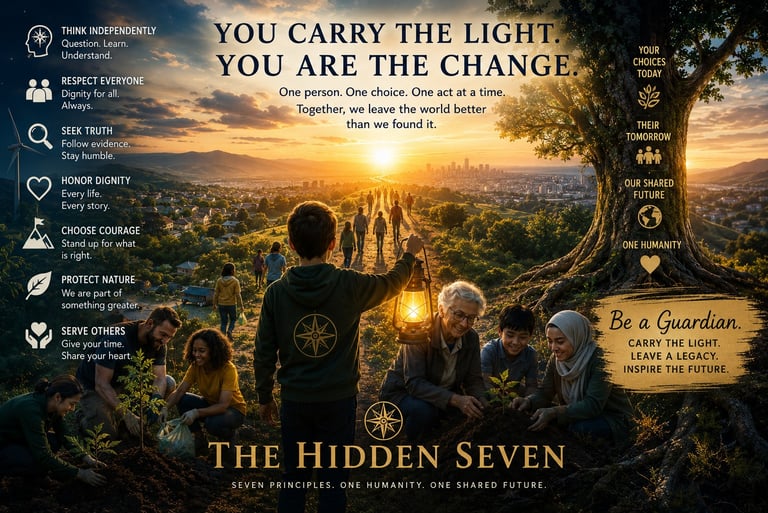 Diverse people planting trees and carrying lanterns toward a sunset city, representing community values and global change.