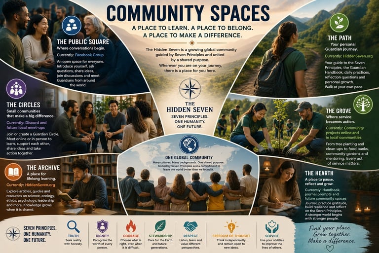 Infographic for The Hidden Seven community spaces including the public square, the path, and one global community.