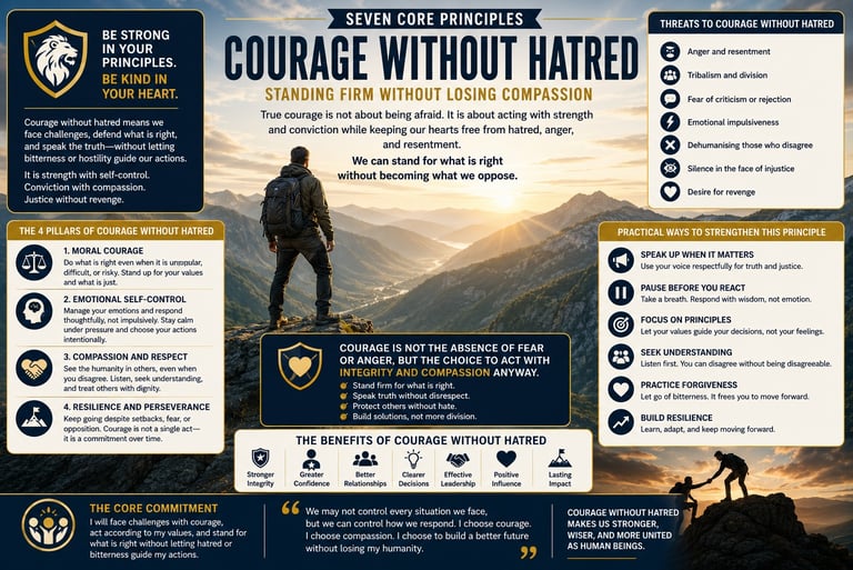 Infographic titled Courage Without Hatred detailing core principles and practical ways to lead with integrity and compassion.
