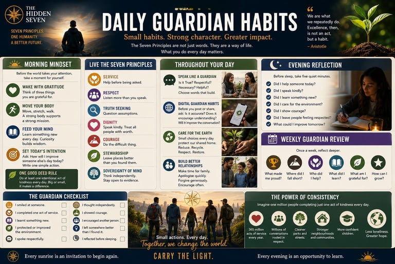 Infographic of Daily Guardian Habits featuring self-improvement tips for mindfulness, character building, and community