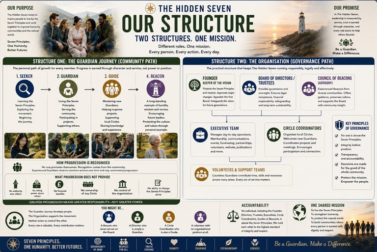 Organizational chart infographic for The Hidden Seven detailing the Guardian Journey community path and the Governance Path