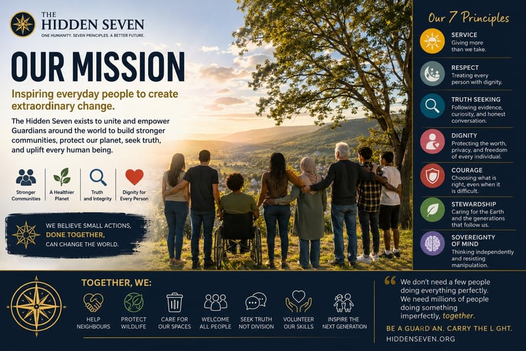 Infographic for The Hidden Seven mission and seven principles showing a diverse group looking at a sunset landscape.