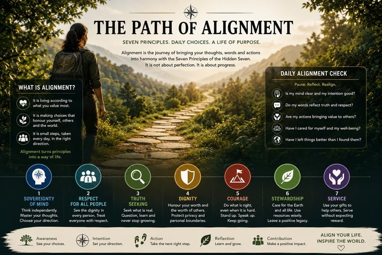 Infographic titled The Path of Alignment detailing seven principles for a life of purpose with icons and a nature background.