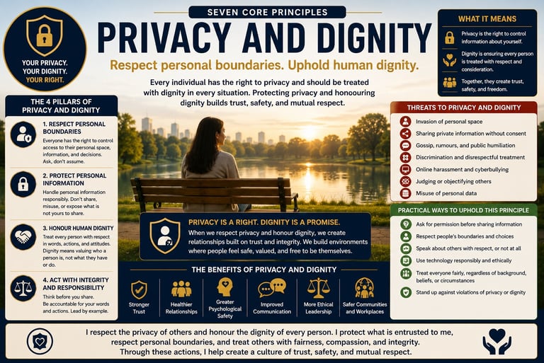 Educational infographic detailing the seven core principles and four pillars of privacy and human dignity.