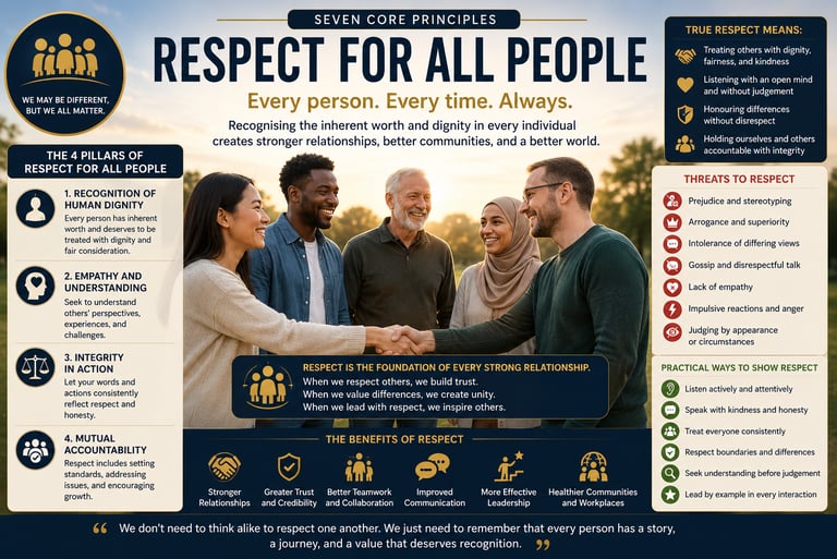 Infographic about respect for all people showing diverse colleagues shaking hands with core principles and benefits.