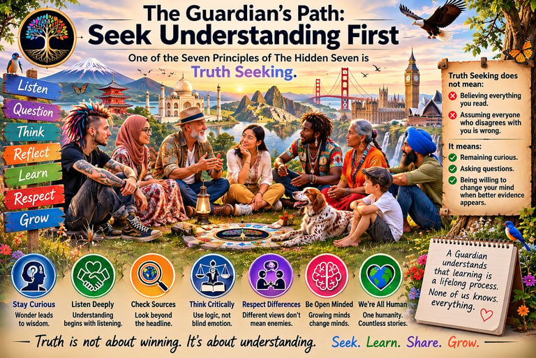 Diverse group sitting in a circle practicing truth seeking and mindful listening near global landmarks.