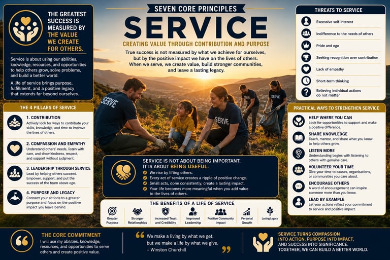Infographic detailing seven core principles of community service and the four pillars of impactful leadership.
