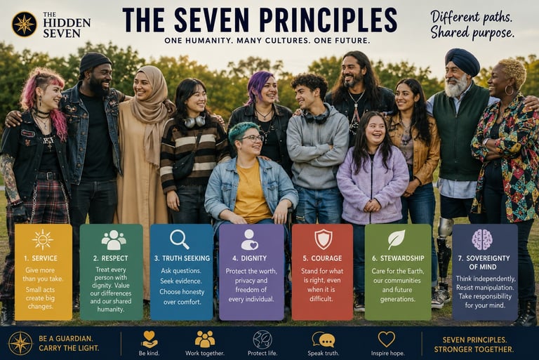 A diverse group of people standing together above a graphic detailing The Seven Principles for humanity.