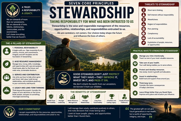 Infographic titled Seven Core Principles of Stewardship outlining the four pillars, benefits, and practical ways to