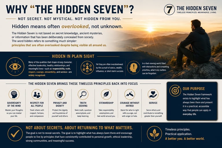 Infographic explaining The Hidden Seven timeless principles for meaningful living, including stewardship and courage.