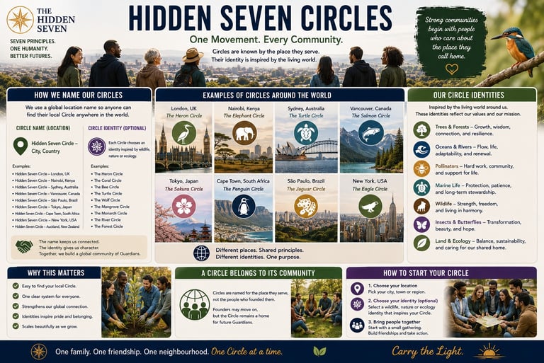 Infographic for Hidden Seven Circles community movement explaining global circle names and wildlife identities.