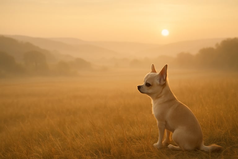 a dog sitting in a field with a sun setting