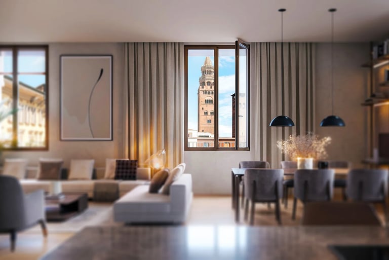 Interno residenziale moderno con vista sul Torrazzo di Cremona, rappresentativo delle residenze sviluppate da Findonati.