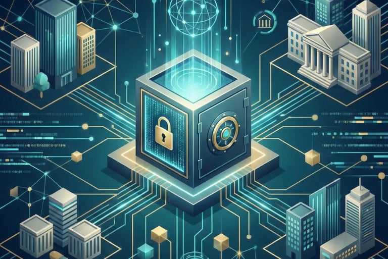 Digital vault with a padlock icon symbolizing cybersecurity data protection in a smart city network.