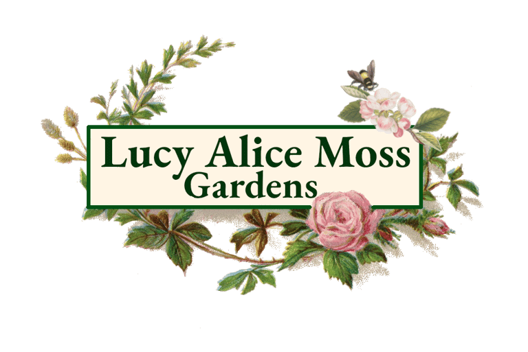 Wild roses and leaves circle around the words "Lucy Alice Moss Gardens". A bee drinks from a flower.