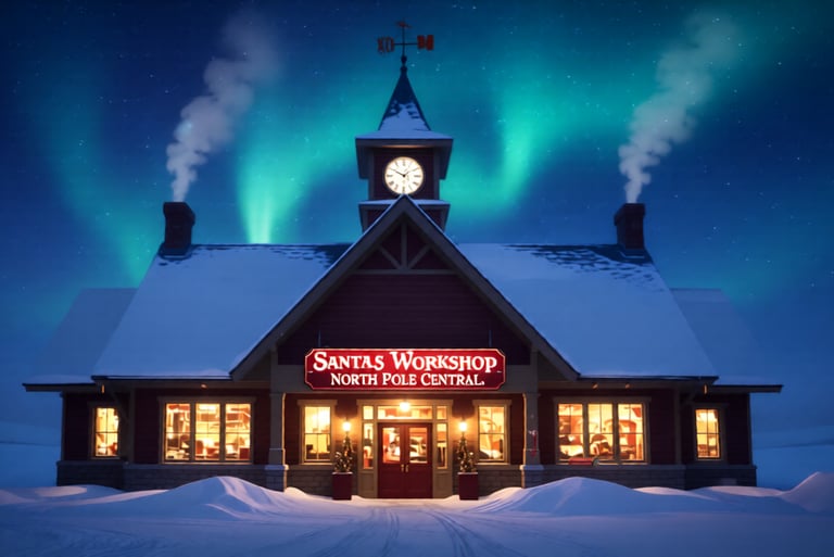 Image of Santa's Workshop at North Pole Central showing the night sky and Northern Lights.