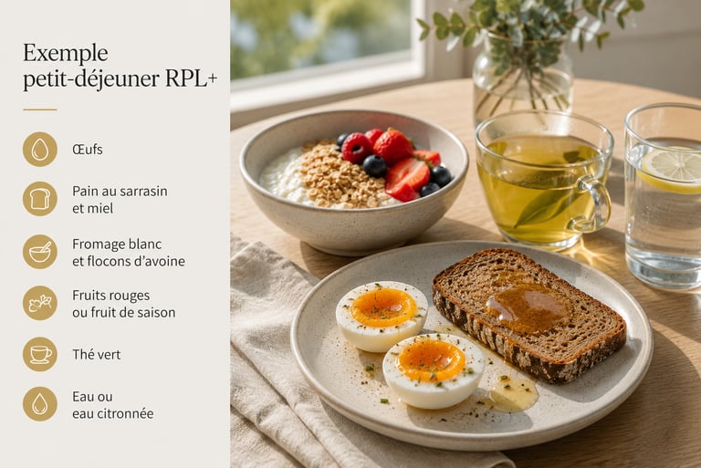 Exemple de petit-déjeuner RPL+ avec œufs, pain au sarrasin, fromage blanc, flocons d’avoine, fruits rouges, thé vert et eau